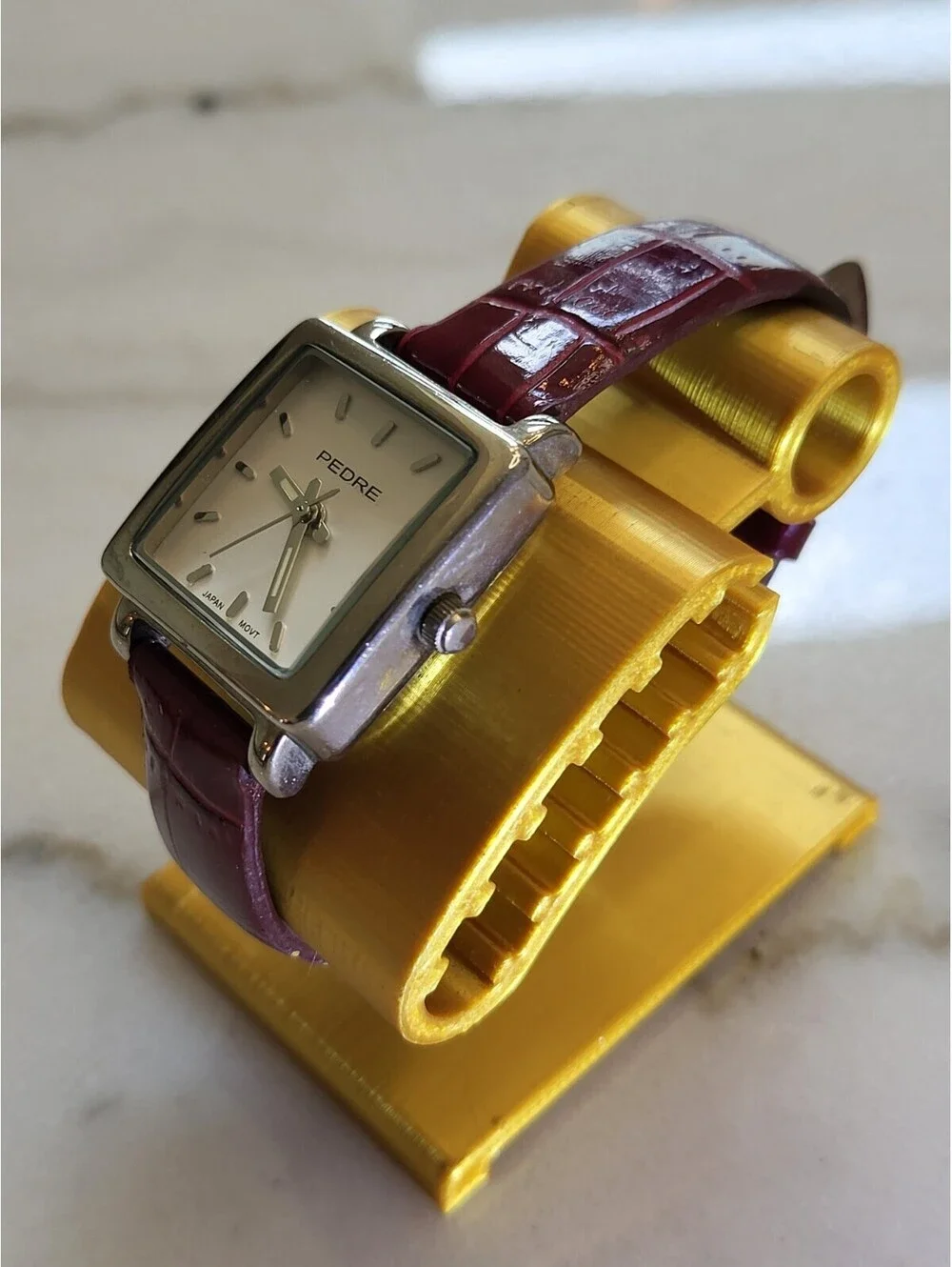 Vtg Pedre Womans Watch New Batt. Silvertone W Burgundy Bracelet 6.5